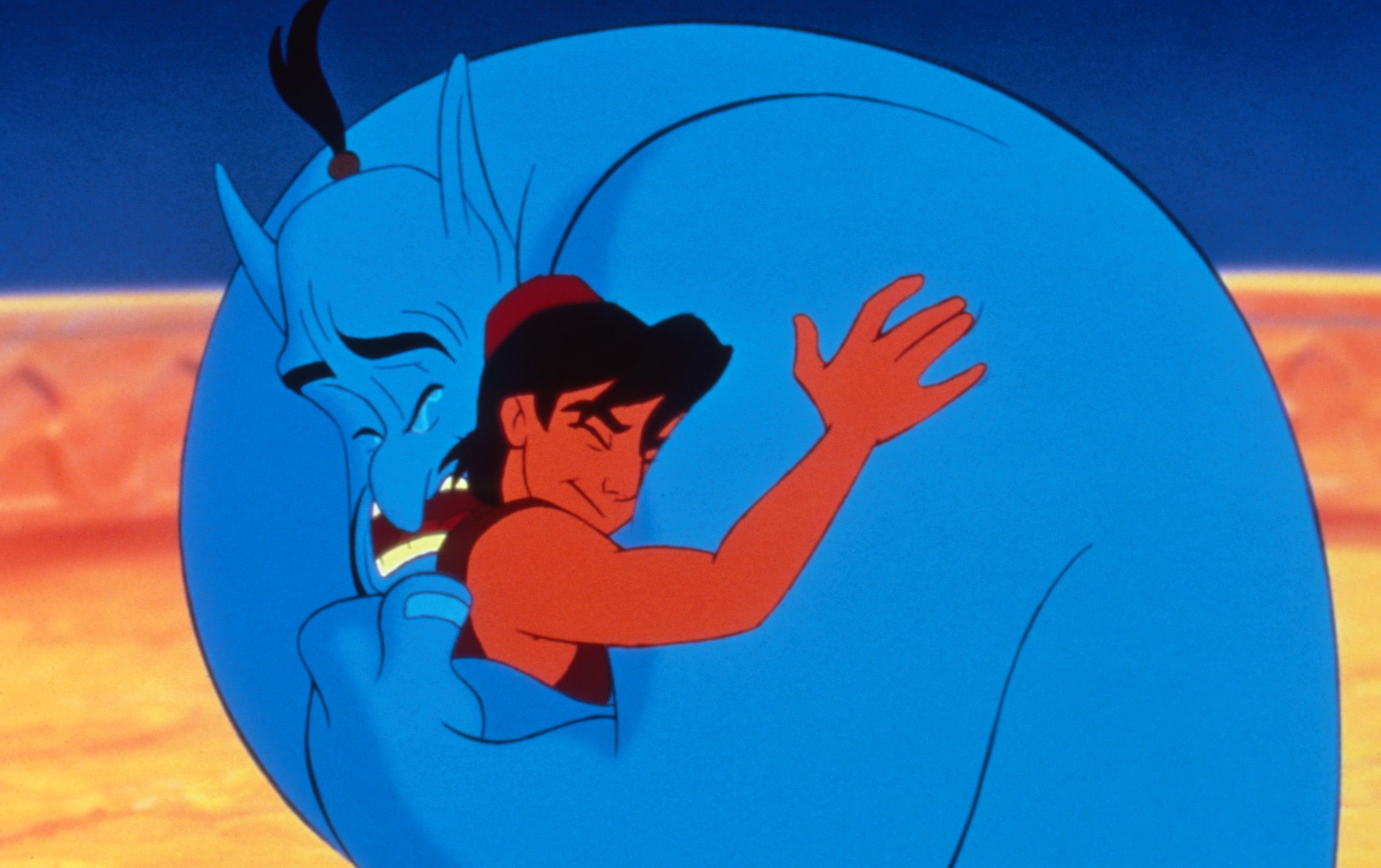 Animated characters Aladdin and Genie stock an affectional hug, highlighting relationship and loyalty