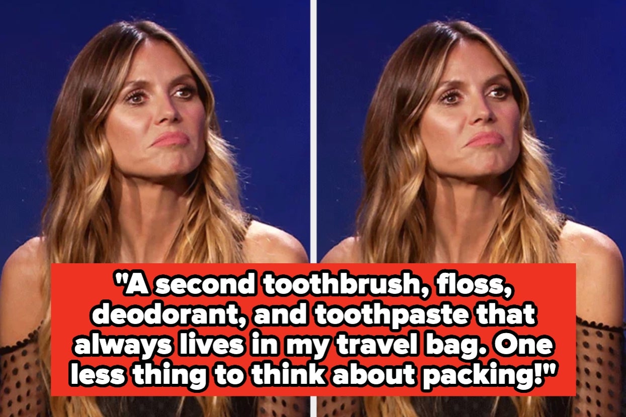 Split image of Heidi Klum with a smirking expression, text overlay: "A second toothbrush, floss, deodorant, and toothpaste that always lives in my travel bag. One less thing to think about packing!"
