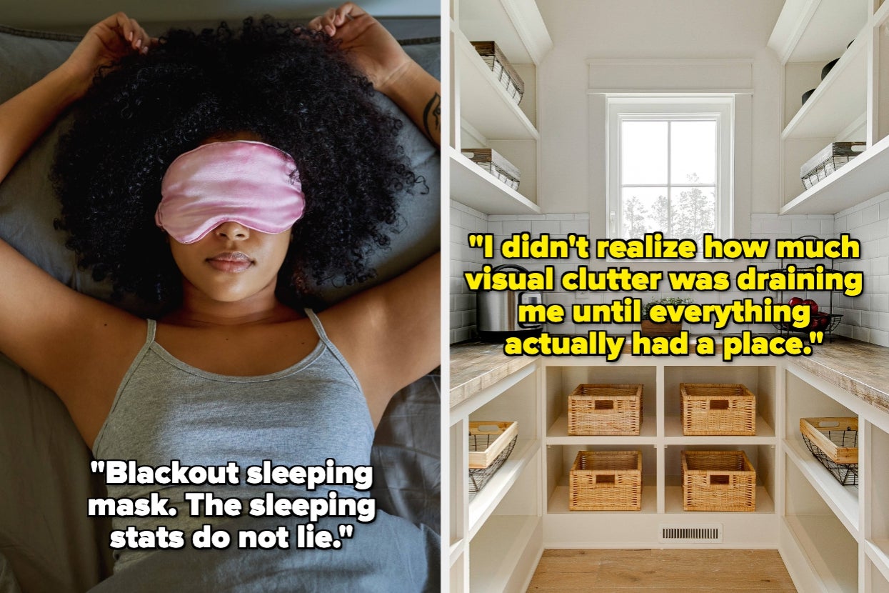 Split image of a woman in a sleeping mask and an organized kitchen pantry, text overlay: "Blackout sleeping mask. The sleeping stats do not lie." / "I didn't realize how much visual clutter was draining me until everything actually had a place."