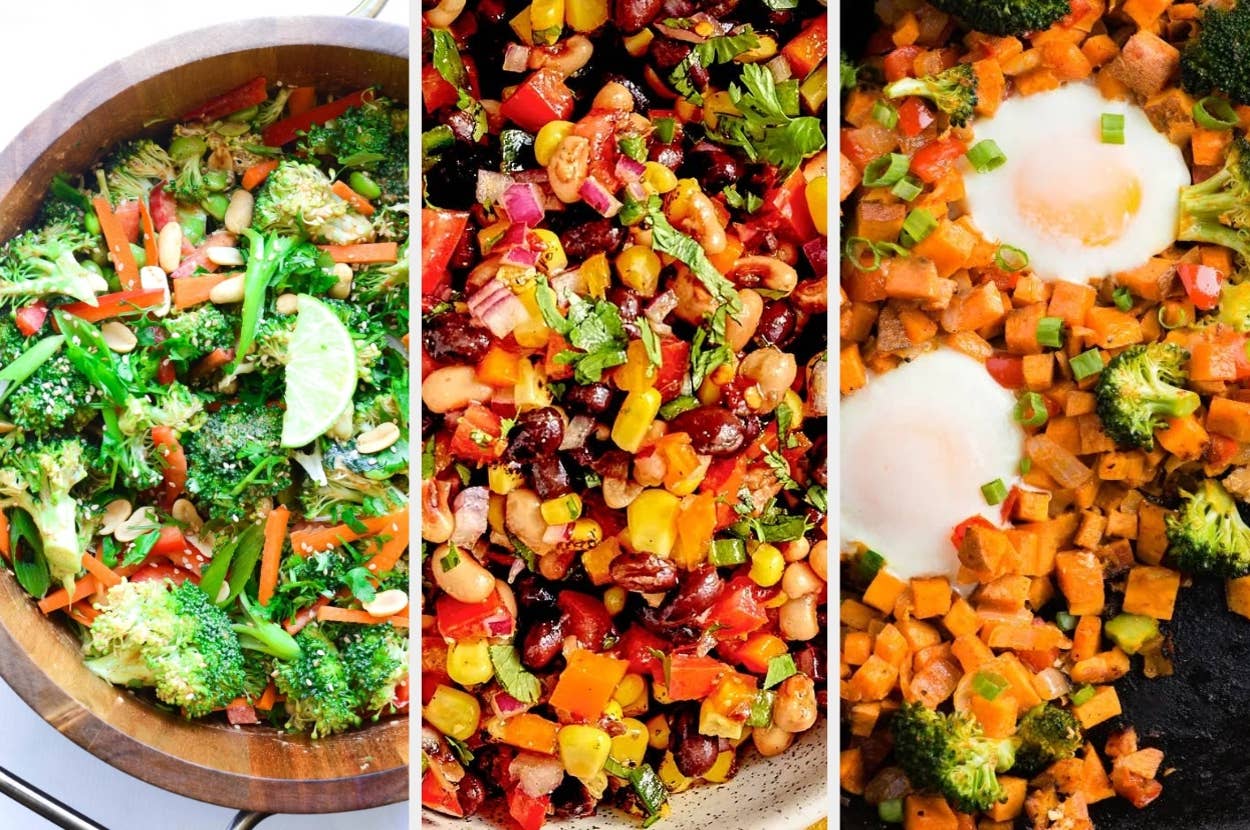 Three dishes: a broccoli salad with nuts, a bean and corn salsa, and a sweet potato hash with eggs and broccoli