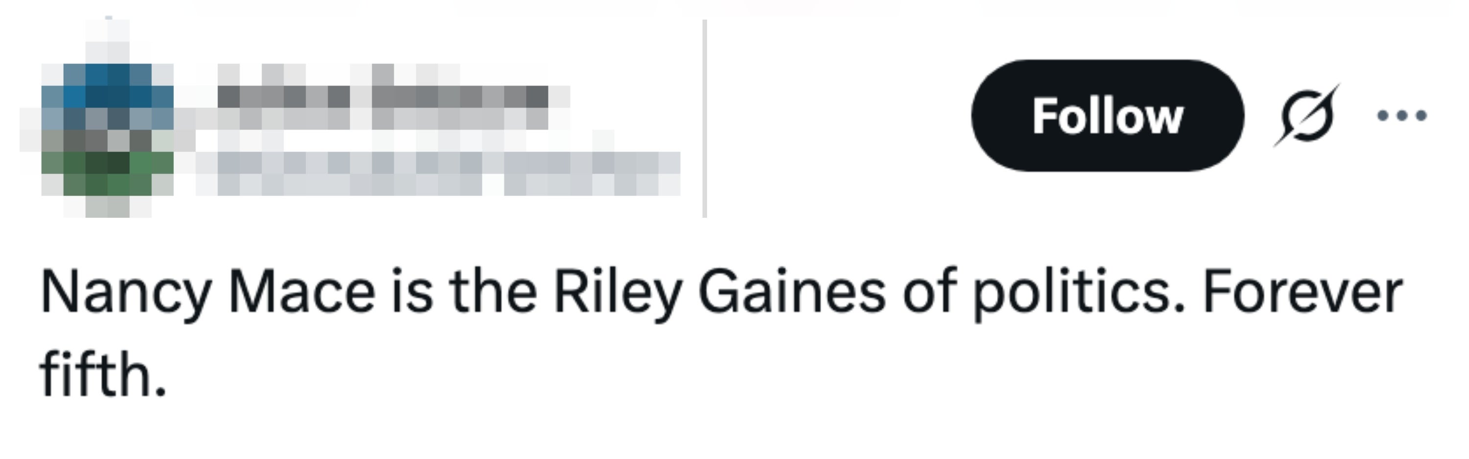 Tweet som sammenligner Nancy Mace med Riley Gaines, noe som tyder på at begge konsekvent kommer på femteplass