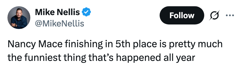 Tweet by Mike Nellis: "Nancy Mace finishing in 5th place is pretty much the funniest thing that’s happened all year."