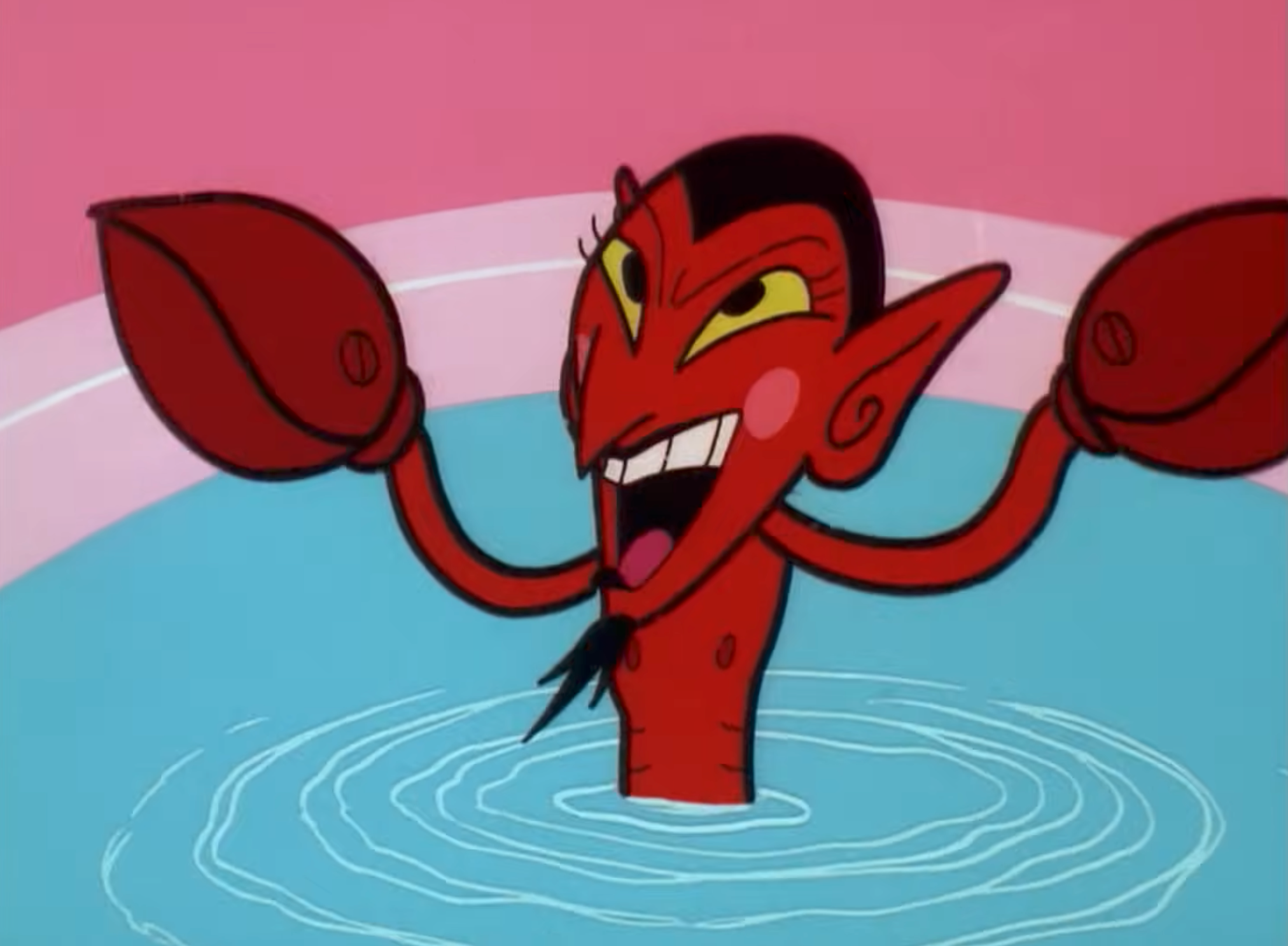 Animated quality  with reddish  skin, claws, and horns emerging from water, smiling mischievously