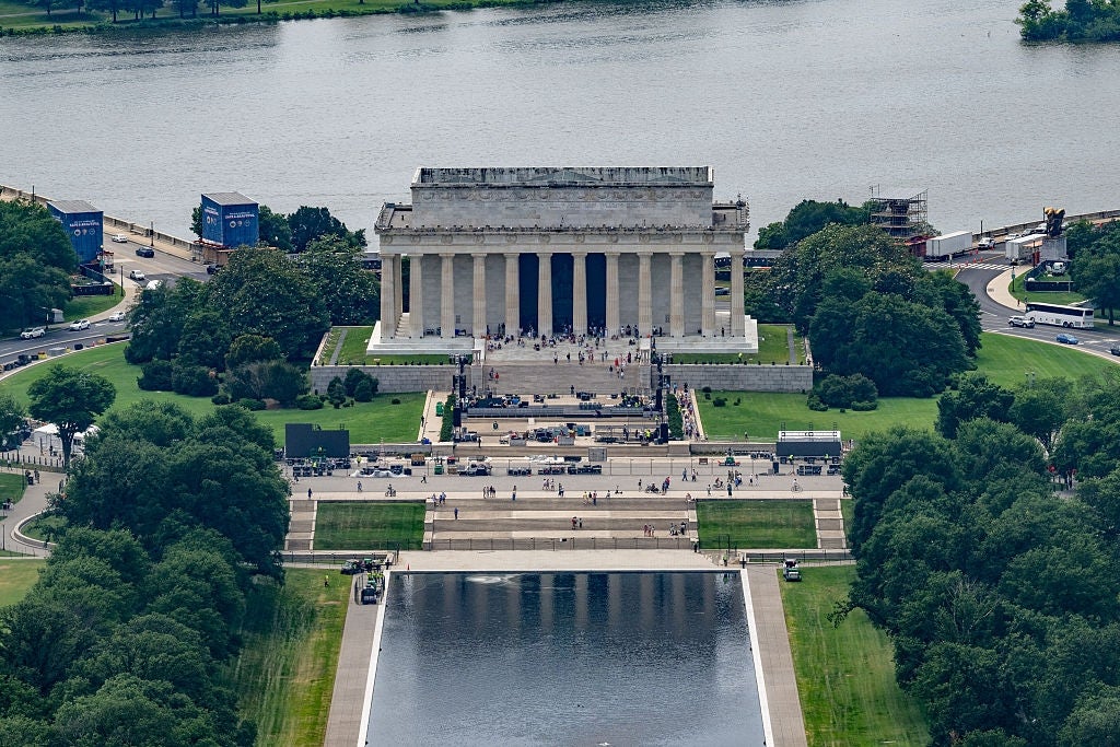 Luftfoto av Lincoln Memorial med det reflekterende bassenget og frodige omgivelser, som ligger i Washington, DC
