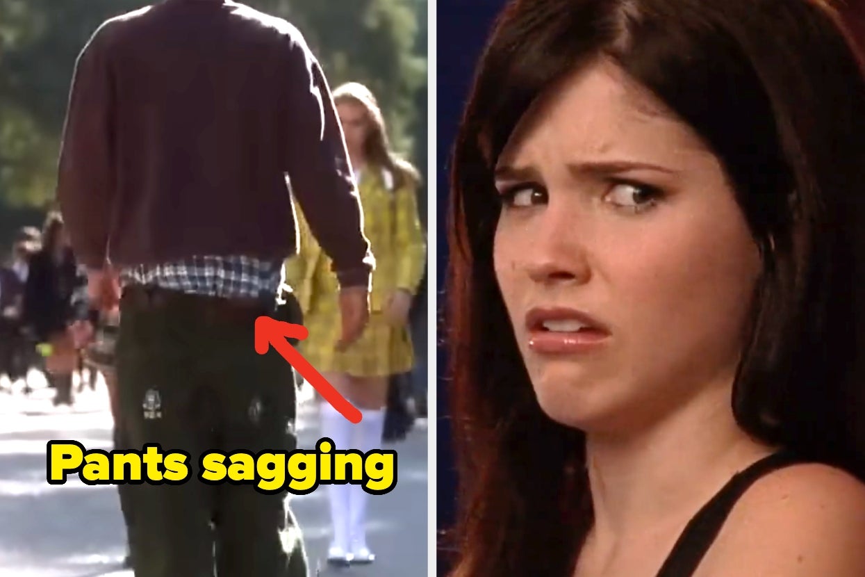 Split image: Left shows a person sagging pants with an arrow pointing; right shows someone reacting with confusion. Text reads "Pants sagging."
