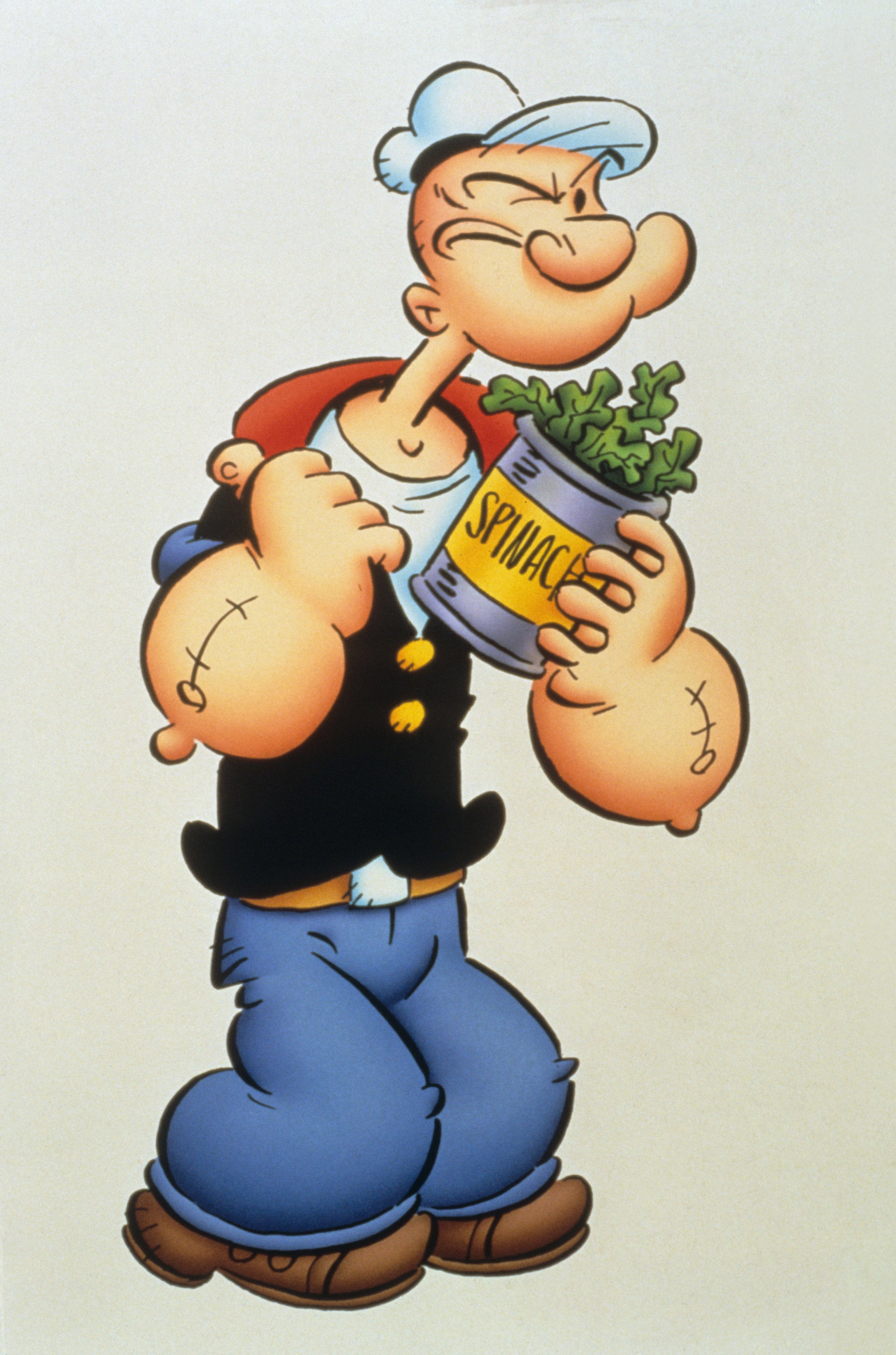 Cartoon quality  Popeye holds a tin  of spinach, showing his signature toothy grin and muscular arms