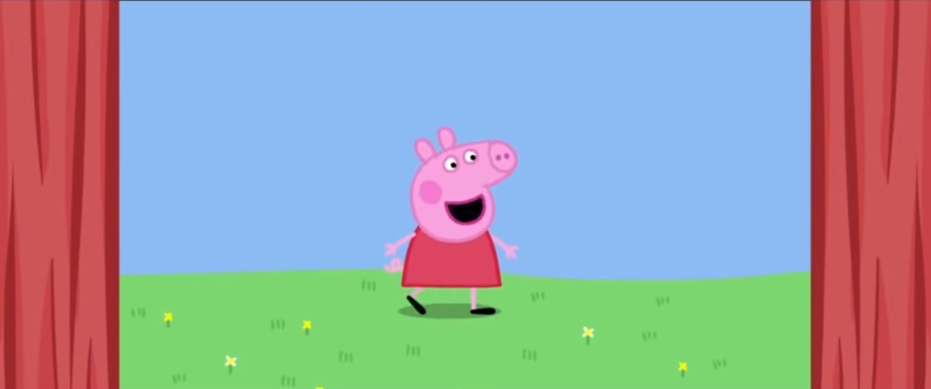 Animated pig character, wearing a dress, stands connected  writer  with a curtain frame