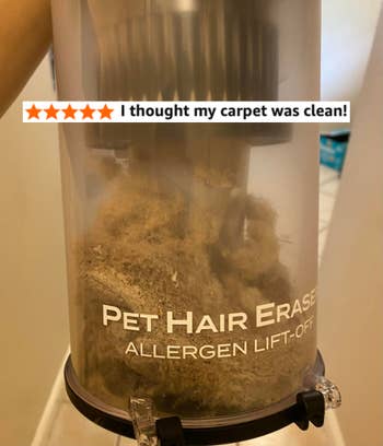 Vacuum canister filled with favored hair, labeled