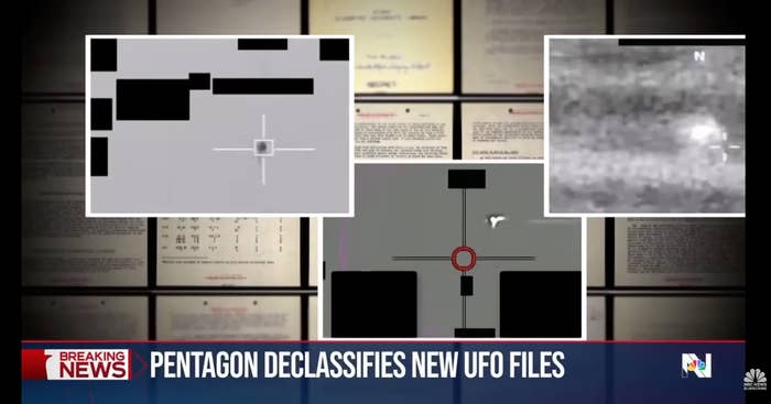 News broadcast image showing the headline: "Pentagon Declassifies New UFO Files," with blurred documents and UFO footage snippets in the background