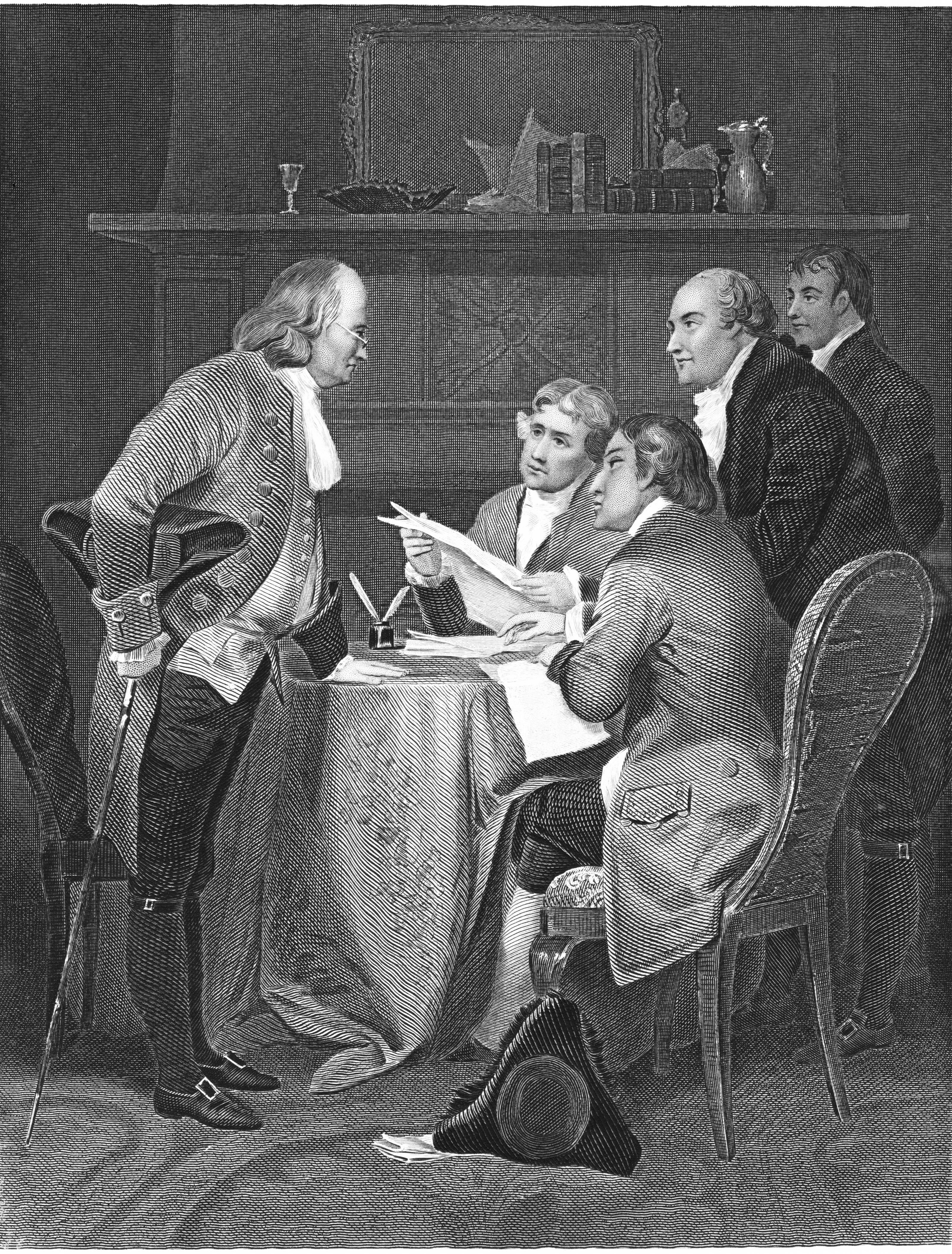 Five men successful 18th-century attire, including Benjamin Franklin, are engaged successful a treatment astir a array with documents
