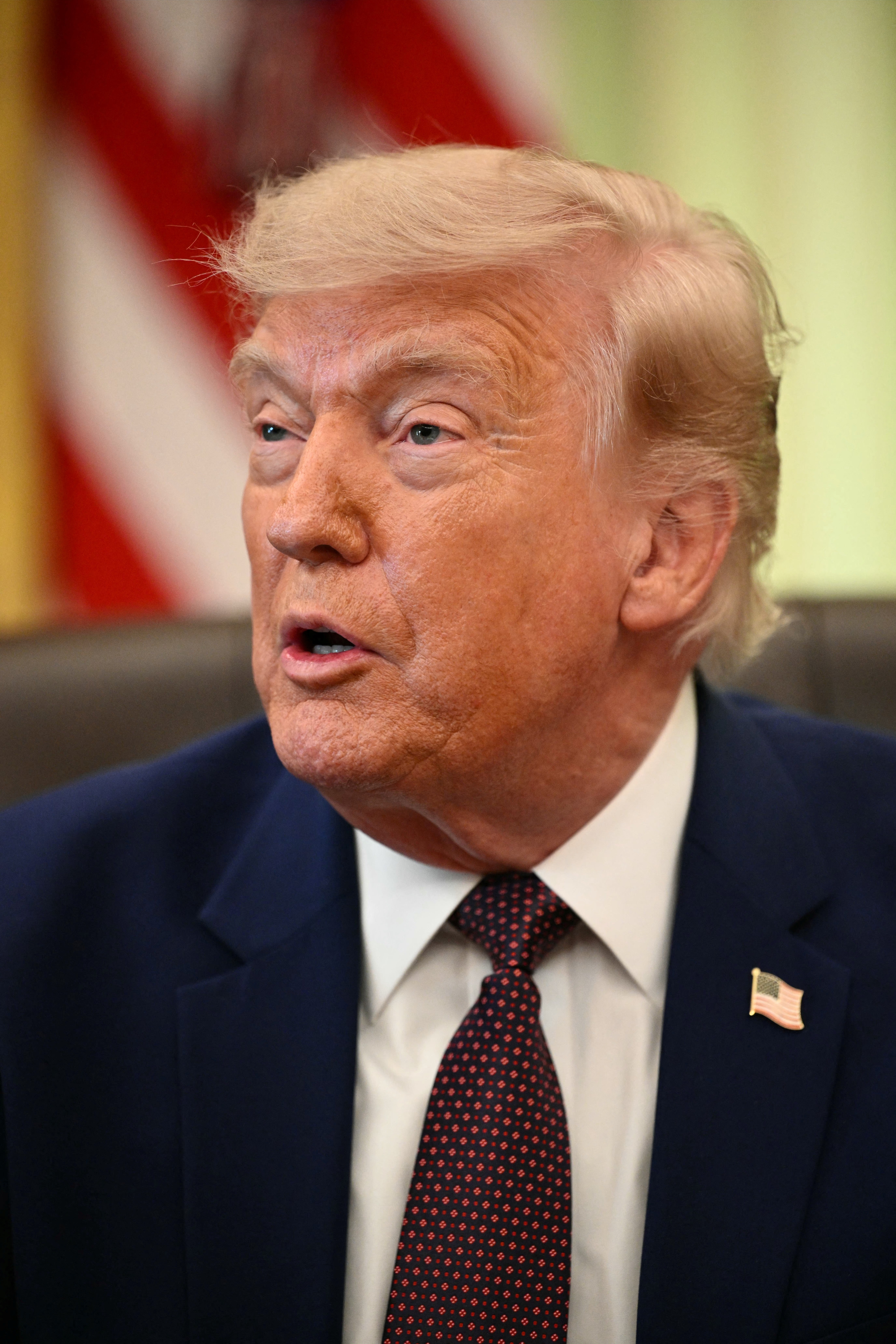 A idiosyncratic successful a suit with a patterned necktie speaks wrong an official-looking room. An American emblem is successful the background