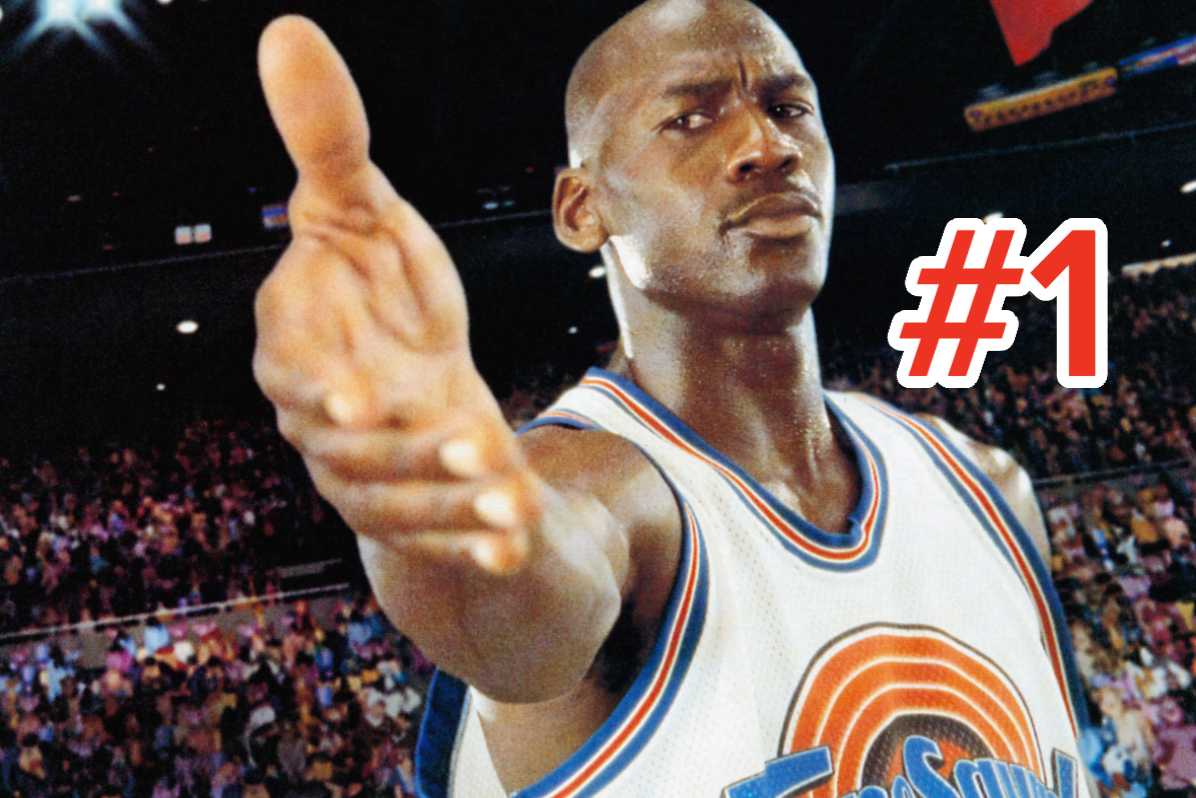 Basketball player in Tune Squad jersey reaching out, with a crowd in the background and a "#1" graphic on the image