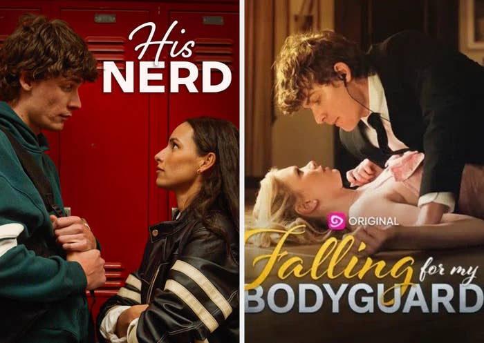 Two romance book covers. Left: A man faces a woman near lockers, titled "His Nerd." Right: A man in a suit leans over a woman, titled "Falling for My Bodyguard."