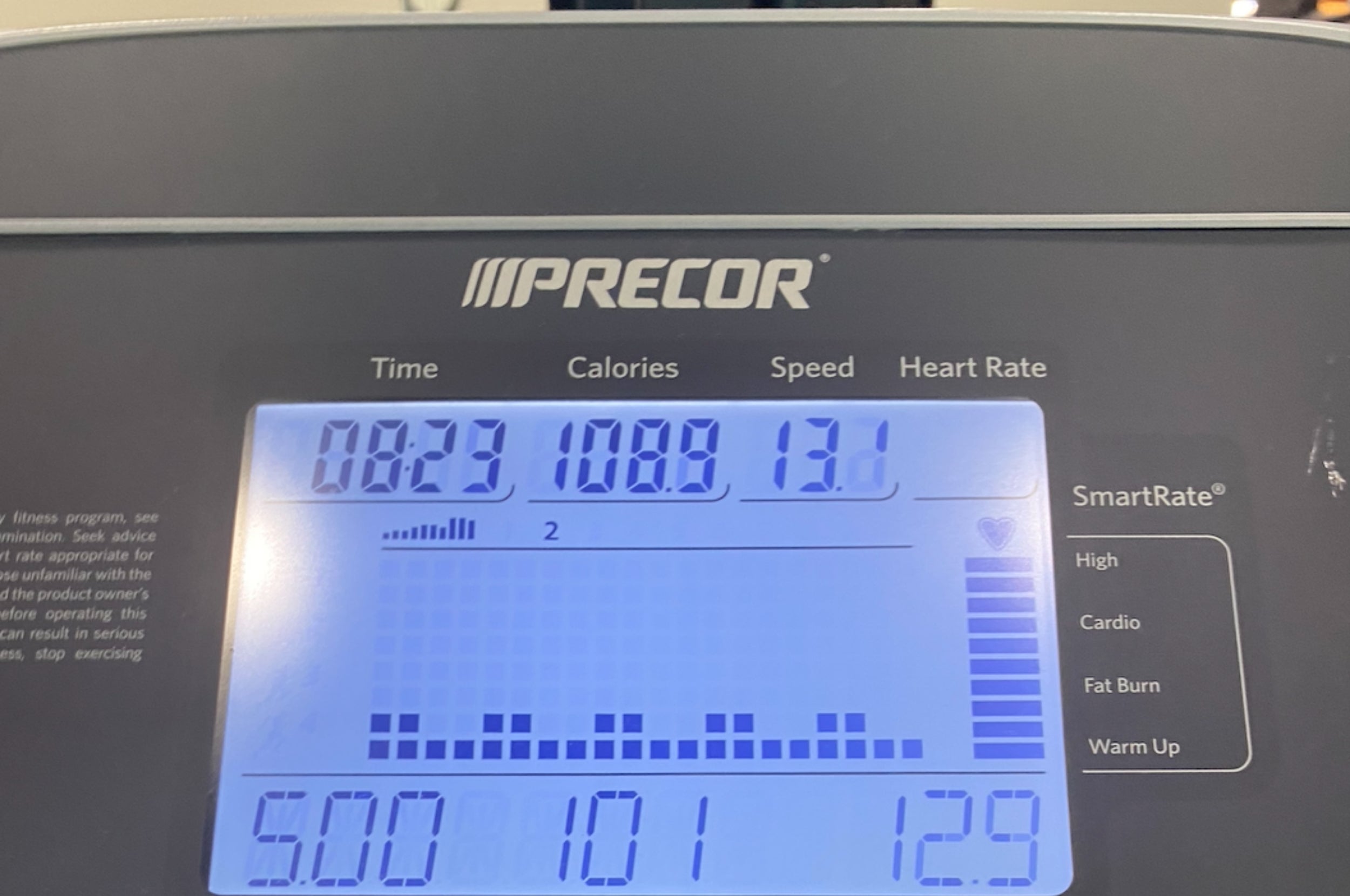 108 calories burned, velocity 5.0, 1.01 miles, 12.9 incline, 23 minutes duration