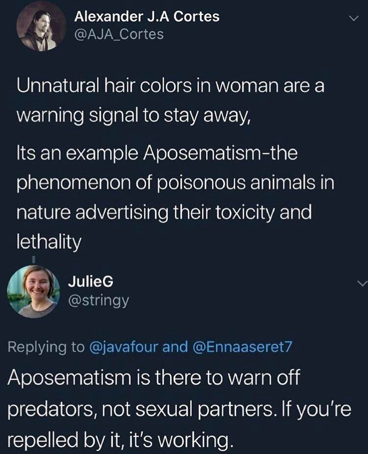 A idiosyncratic   claims unnatural hairsbreadth  colors successful  women awesome   danger, comparing it to carnal  defense. A effect   labels this arsenic  a predator warning