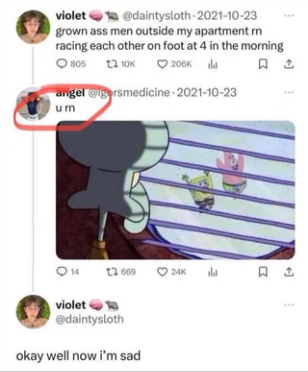 Social media station  with a meme of Squidward observing fast-running men outside, followed by a idiosyncratic   expressing sadness