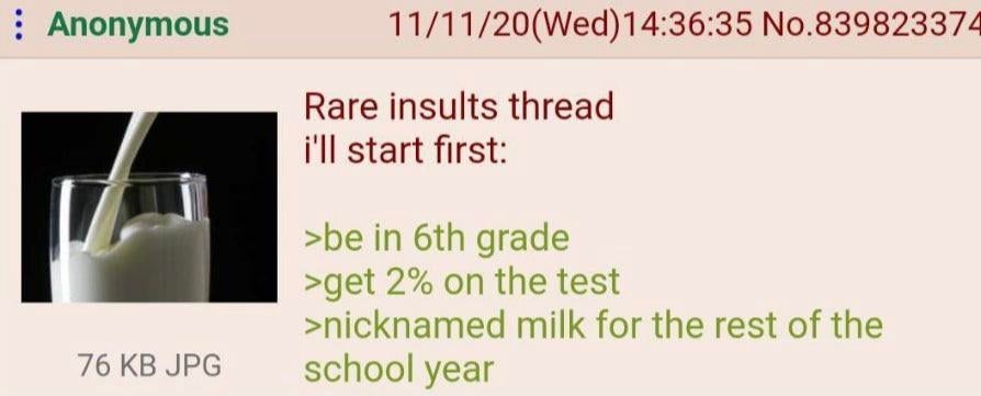 A humorous substance   station  astir  a "rare insults thread," discussing a 6th-grade trial  people     and a resulting nickname involving milk