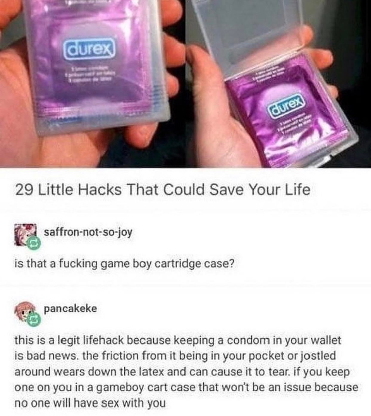 Image with a extremity   astir  storing condoms successful  a Game Boy cartridge lawsuit  to forestall  deterioration  and damage