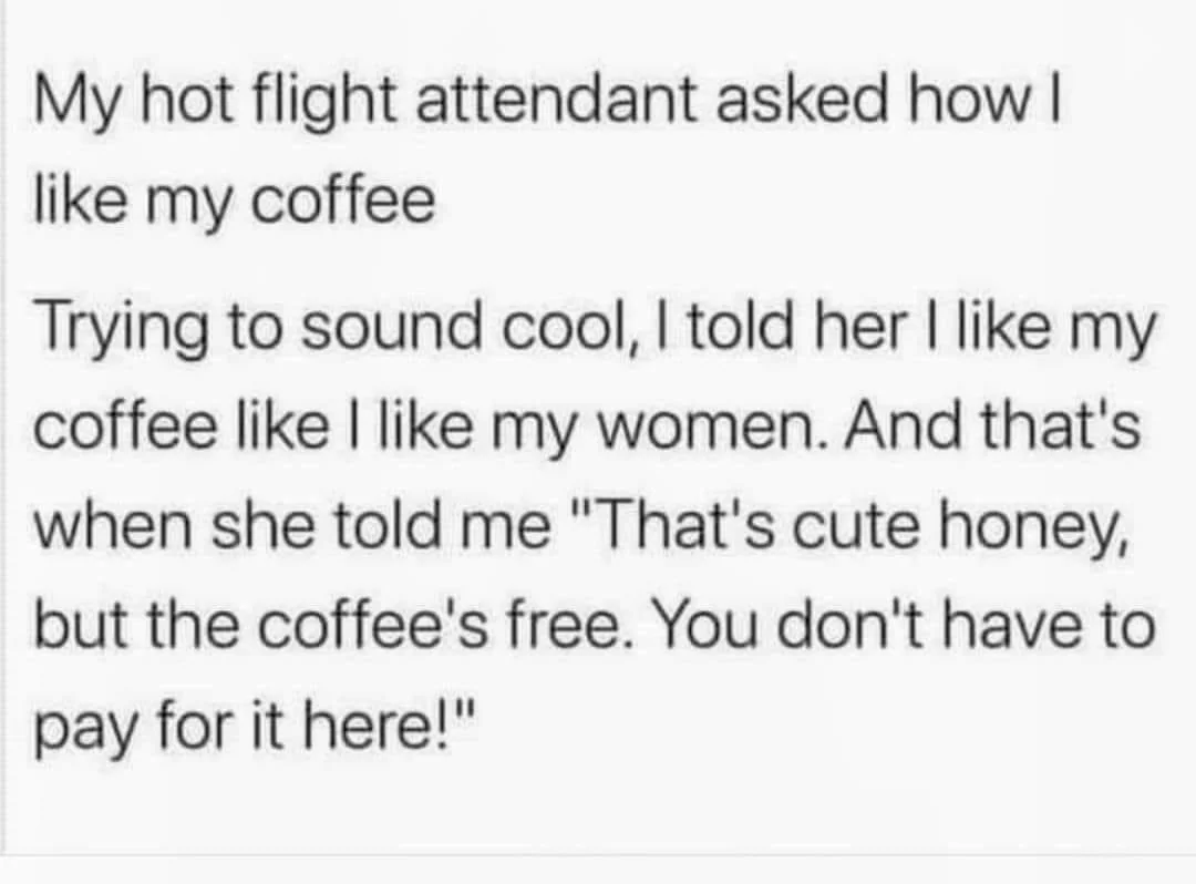 Humorous substance   astir  a idiosyncratic   attempting to flirt with a formation  attendant, who humorously replies that java  is escaped  connected  the flight