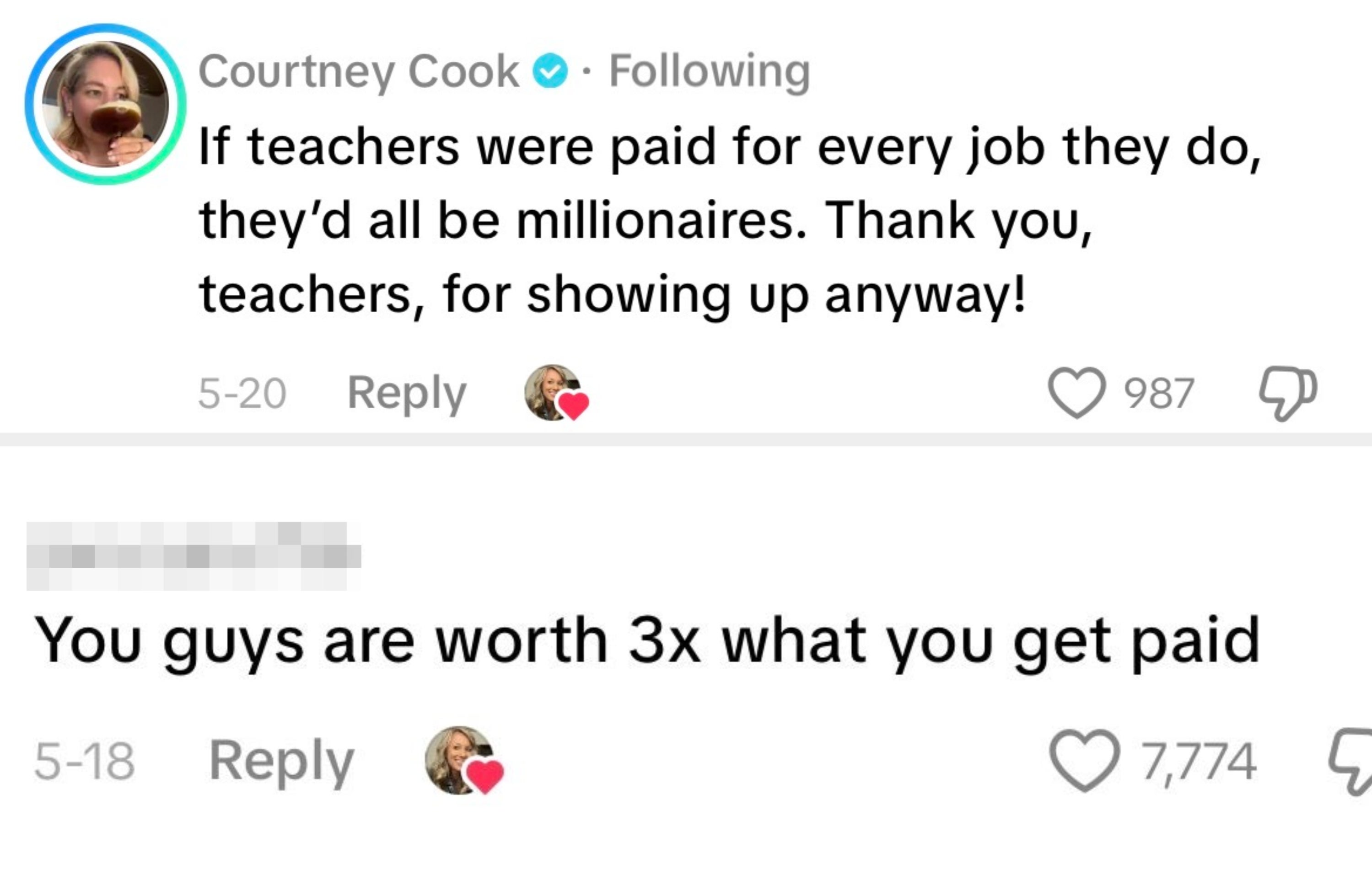 Social media remark  saying, "You guys are worthy  3x what you get   paid," with 7,774 likes