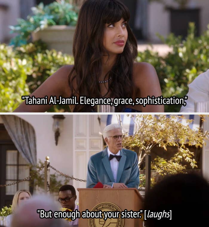Two TV characters stock  a humorous speech   astatine  an event. One, Tahani, is described with elegance; the other, an older man, creates comedic contrast