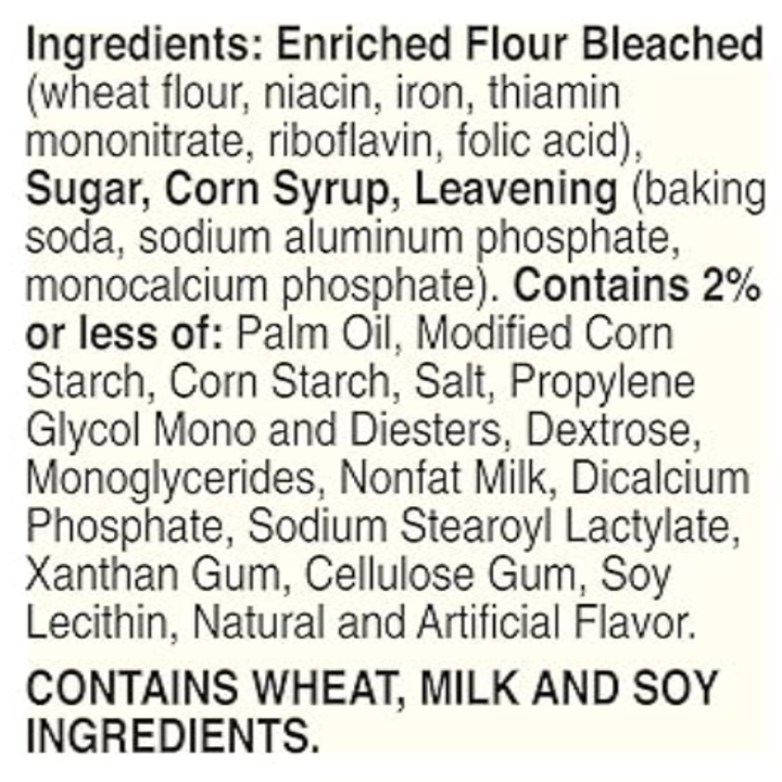 Summary of text: The image lists ingredients for a product, including enriched flour, sugar, corn syrup, leavening agents, and highlights allergens: wheat, milk, soy
