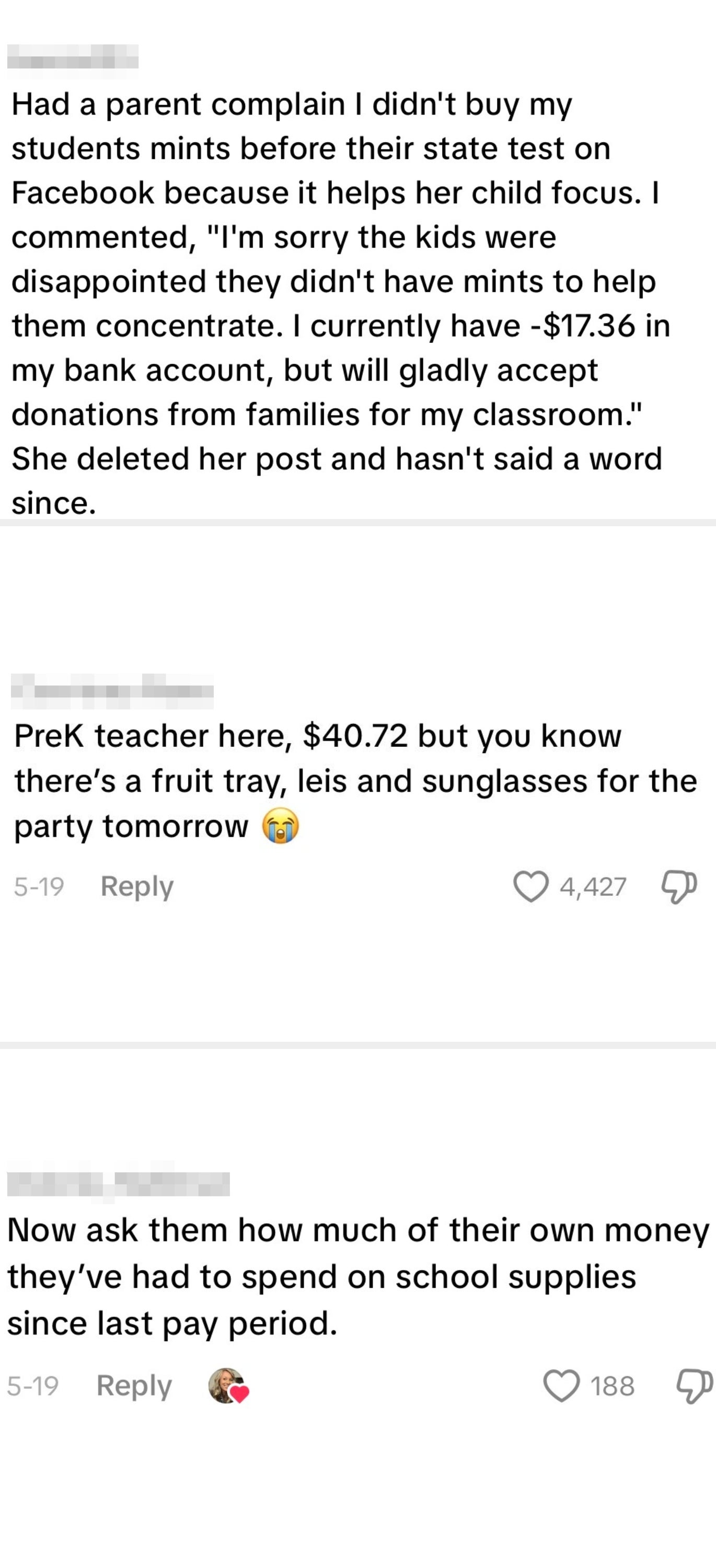  "PreK teacher   here, $40.72 but you cognize  there's a effect   tray, leis and sunglasses for the enactment      tomorrow," with a crying emoji