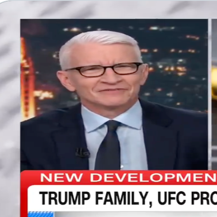 Person with glasses and silver hair in a suit, on a news program with the headline "Trump Family, UFC Pro" discussing new developments