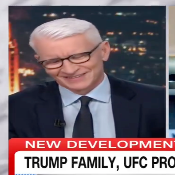 A news anchor in a suit and tie is on a TV set with a headline about the Trump family and UFC, labeled "New Development."