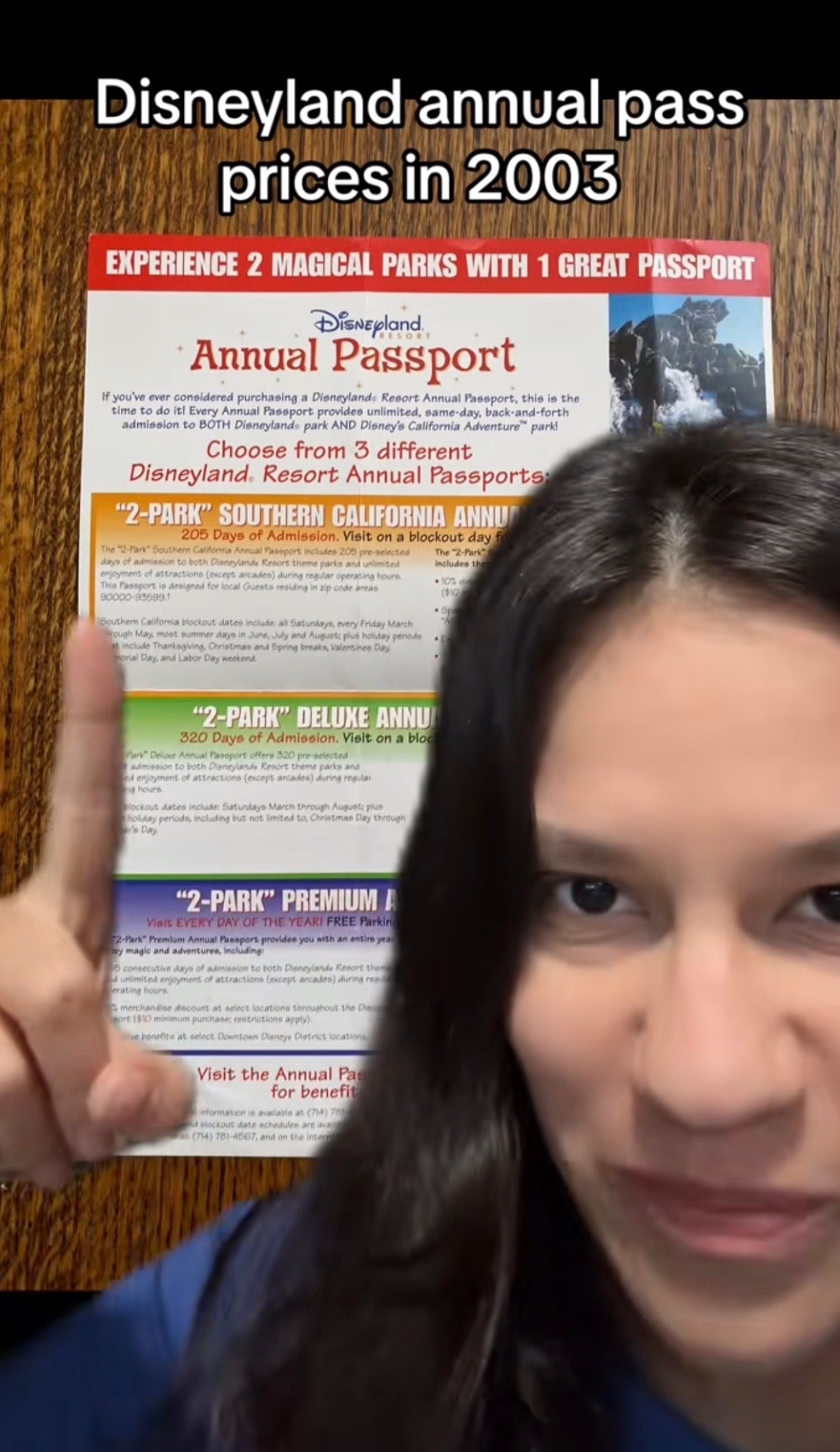 Person pointing to a Disneyland yearly walk prices poster from 2003, showcasing antithetic walk options and benefits