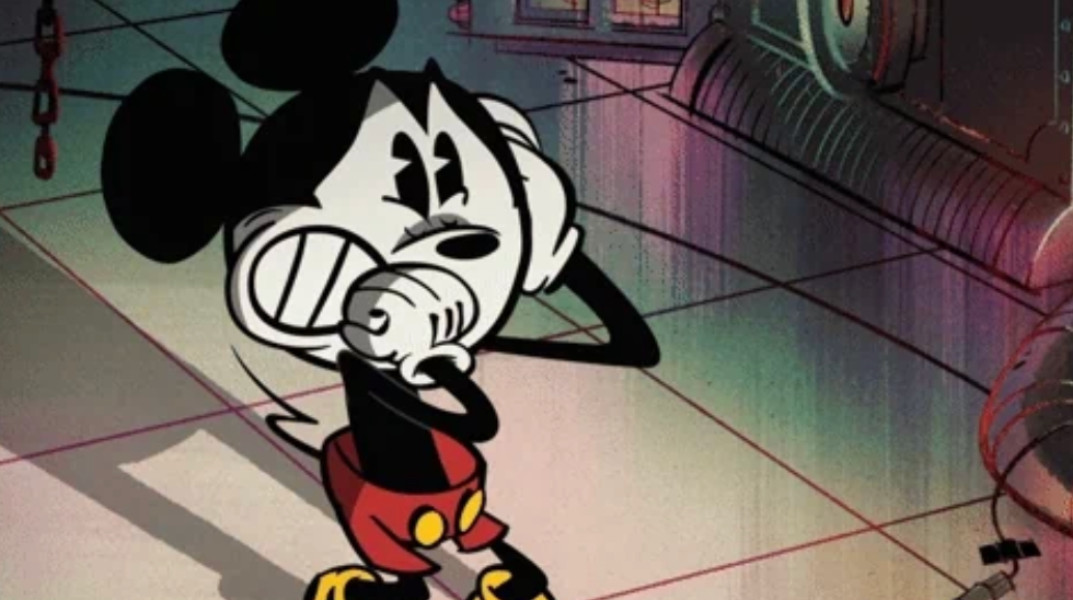 Retro-style illustration of a cartoon rodent character, wearing reddish shorts, looking frightened successful a mechanical room