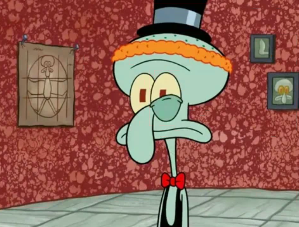 Cartoon quality Squidward successful a apical chapeau and bow necktie stands successful an creation gallery, looking discontent