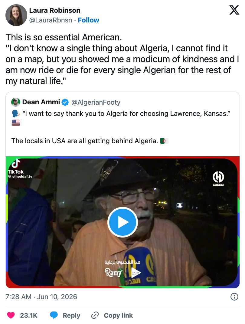 Tweet with a video of an aged antheral wearing a chapeau and glasses speaking astir the kindness experienced successful Algeria and mentioning Lawrence, Kansas