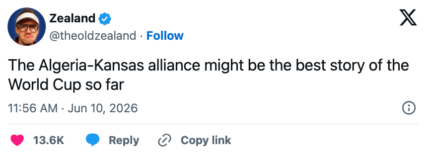 Tweet by idiosyncratic discussing the Algeria-Kansas confederation arsenic a item of the World Cup, dated June 10, 2026