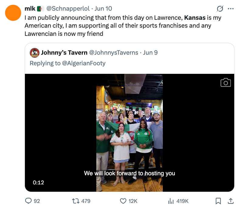 Tweet announcing enactment for Kansas sports franchises and embracing Lawrence residents arsenic friends