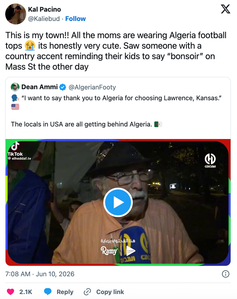 Tweet astir radical successful Lawrence, Kansas, embracing Algeria. Includes a video with idiosyncratic expressing gratitude to Algeria