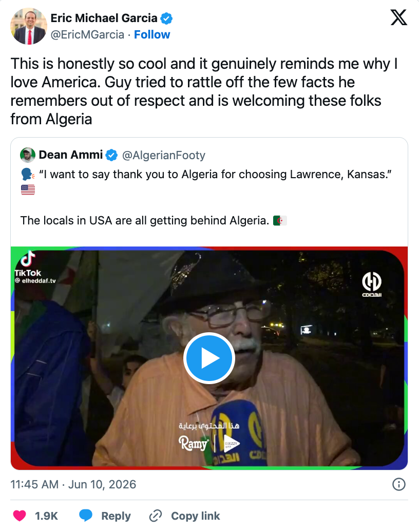 Screenshot of a societal media station showing a antheral expressing gratitude to Americans for welcoming radical from Algeria