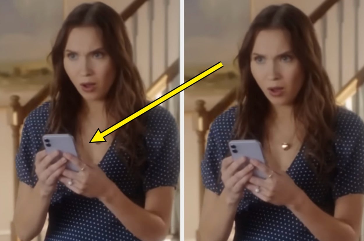 Woman with long hair looks surprised while holding a smartphone, indoors. She appears startled, shown in two similar side-by-side images