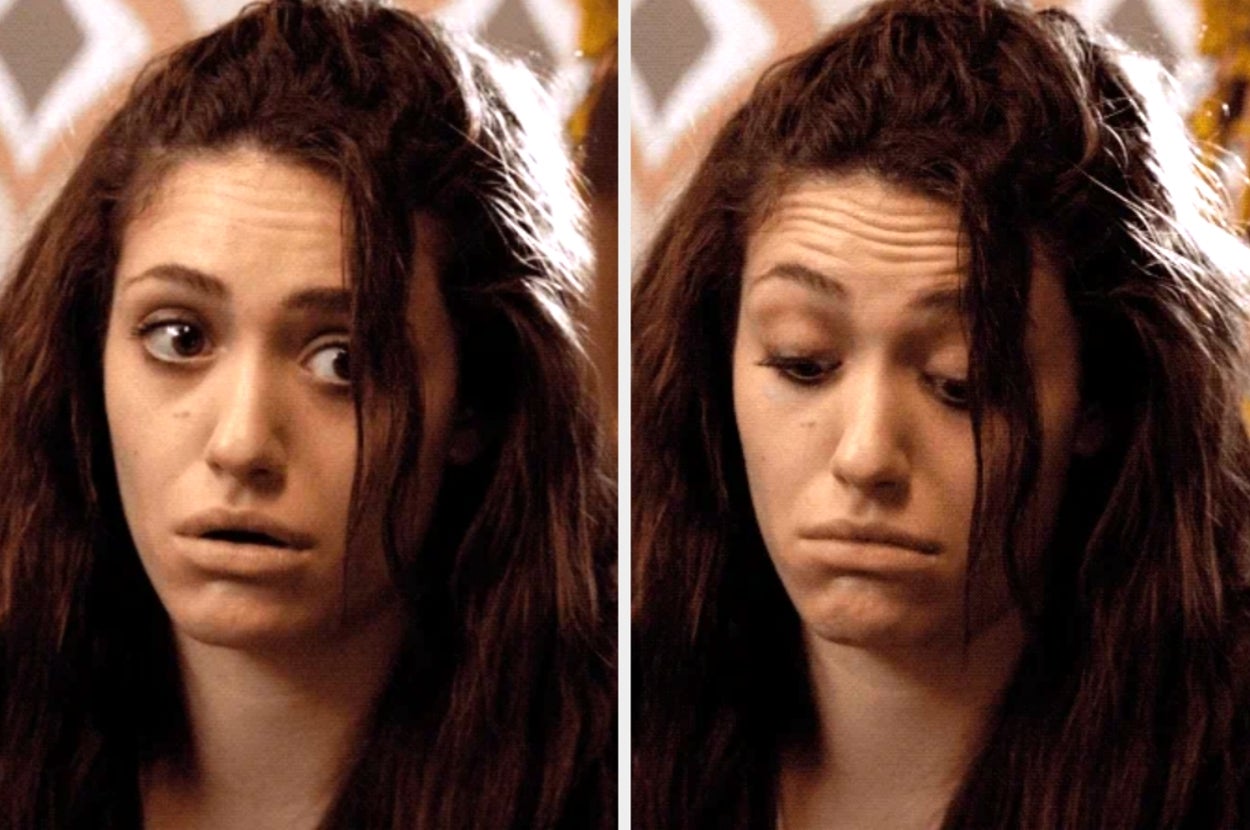 Person with long hair looking surprised in the first image, then shifting to an indifferent expression in the second