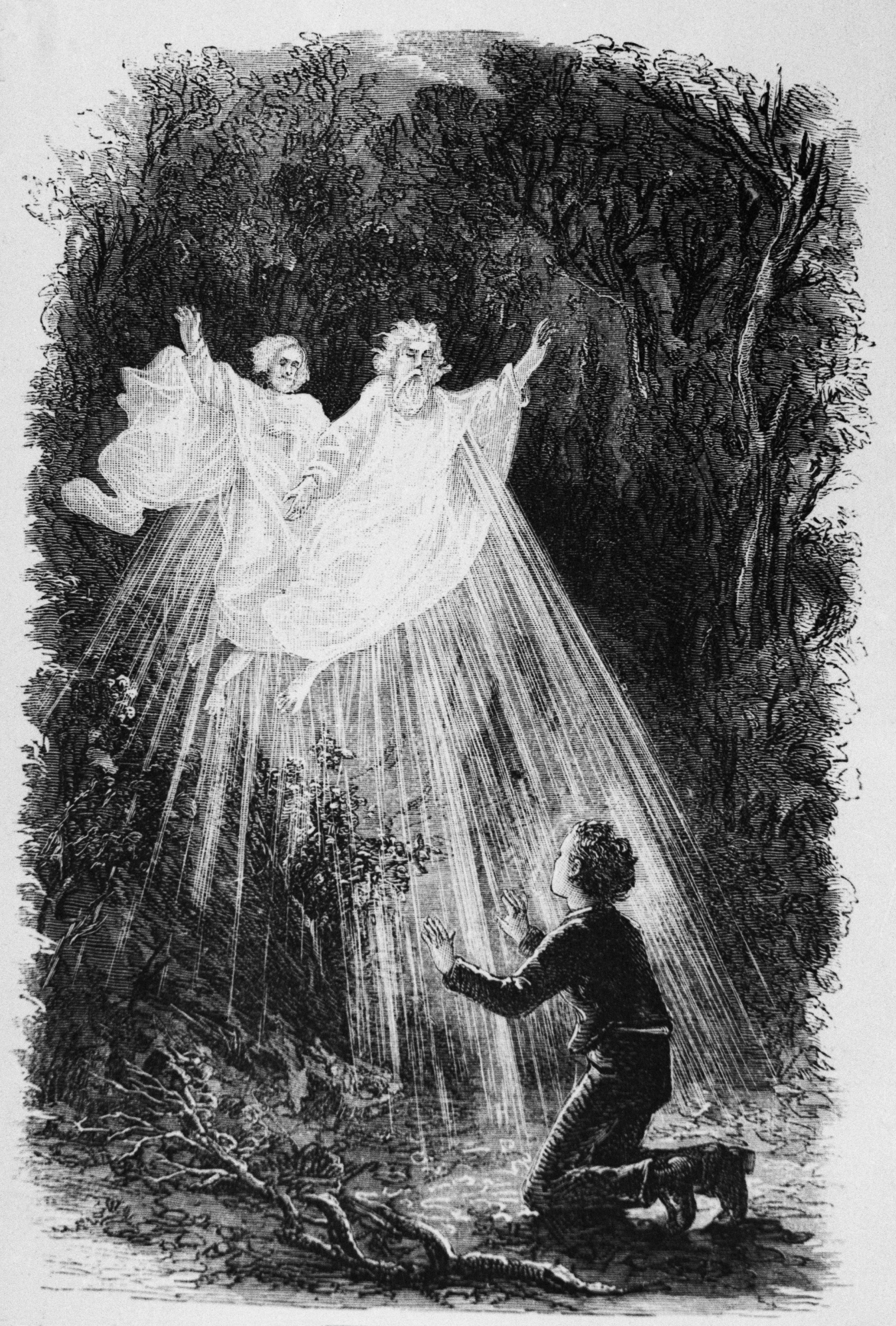 A idiosyncratic kneels earlier 2 angelic figures appearing successful a forest, surrounded by beams of airy successful a classical illustration style