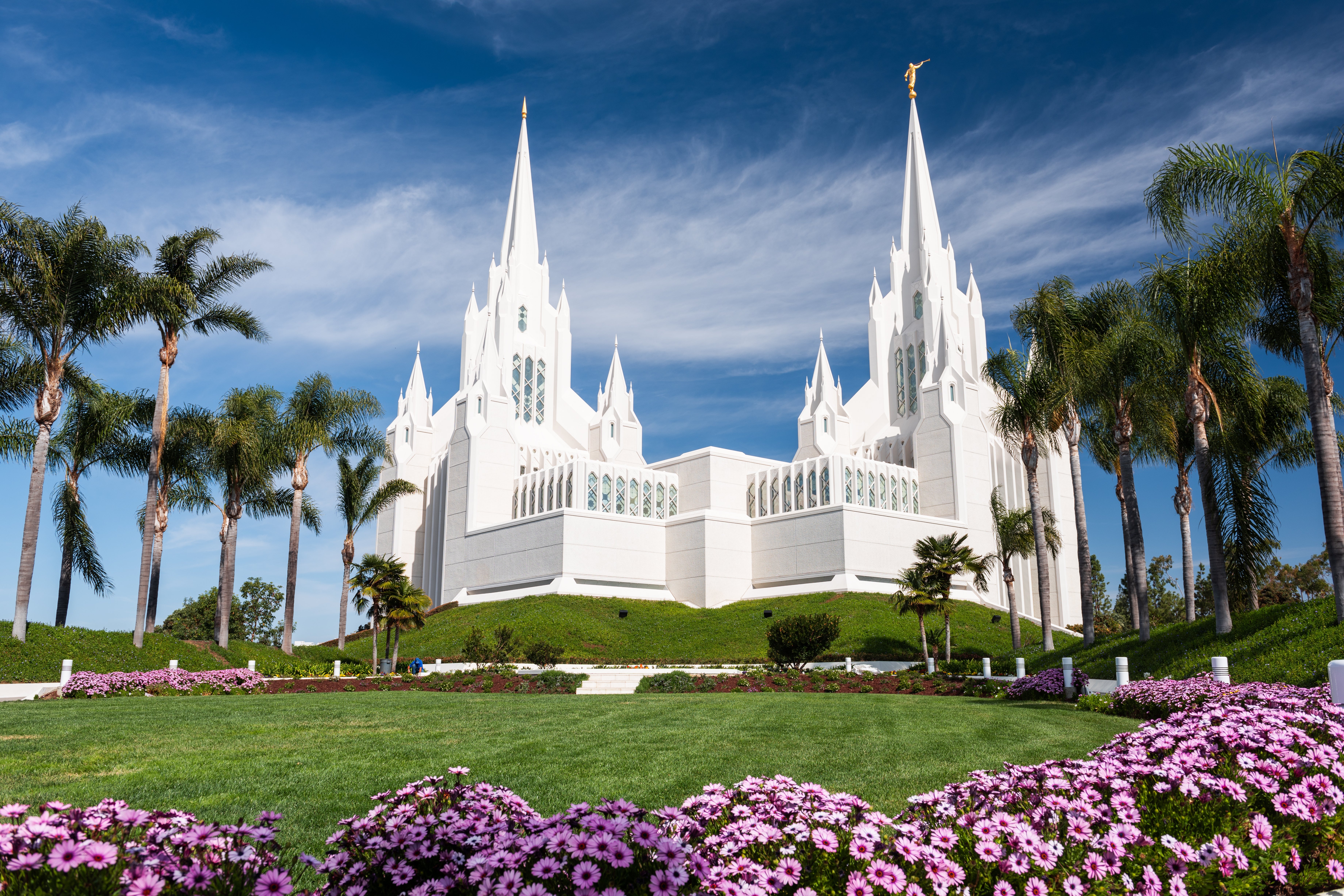 A majestic temple with gangly spires, surrounded by thenar trees and a plot afloat of vibrant flowers, acceptable against a agleam sky