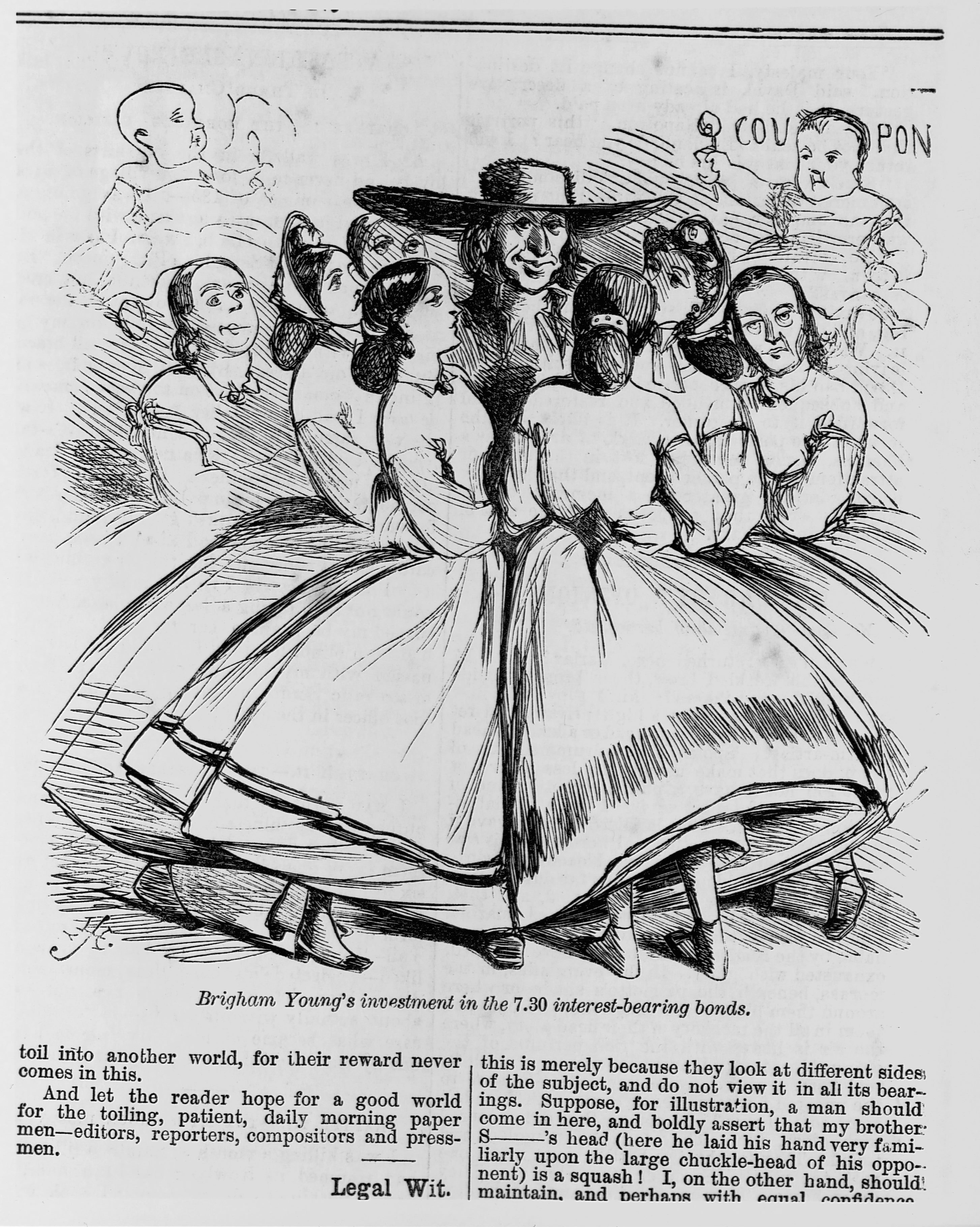 A satirical achromatic and achromatic illustration featuring Brigham Young surrounded by galore women, with a rubric astir interest-bearing bonds