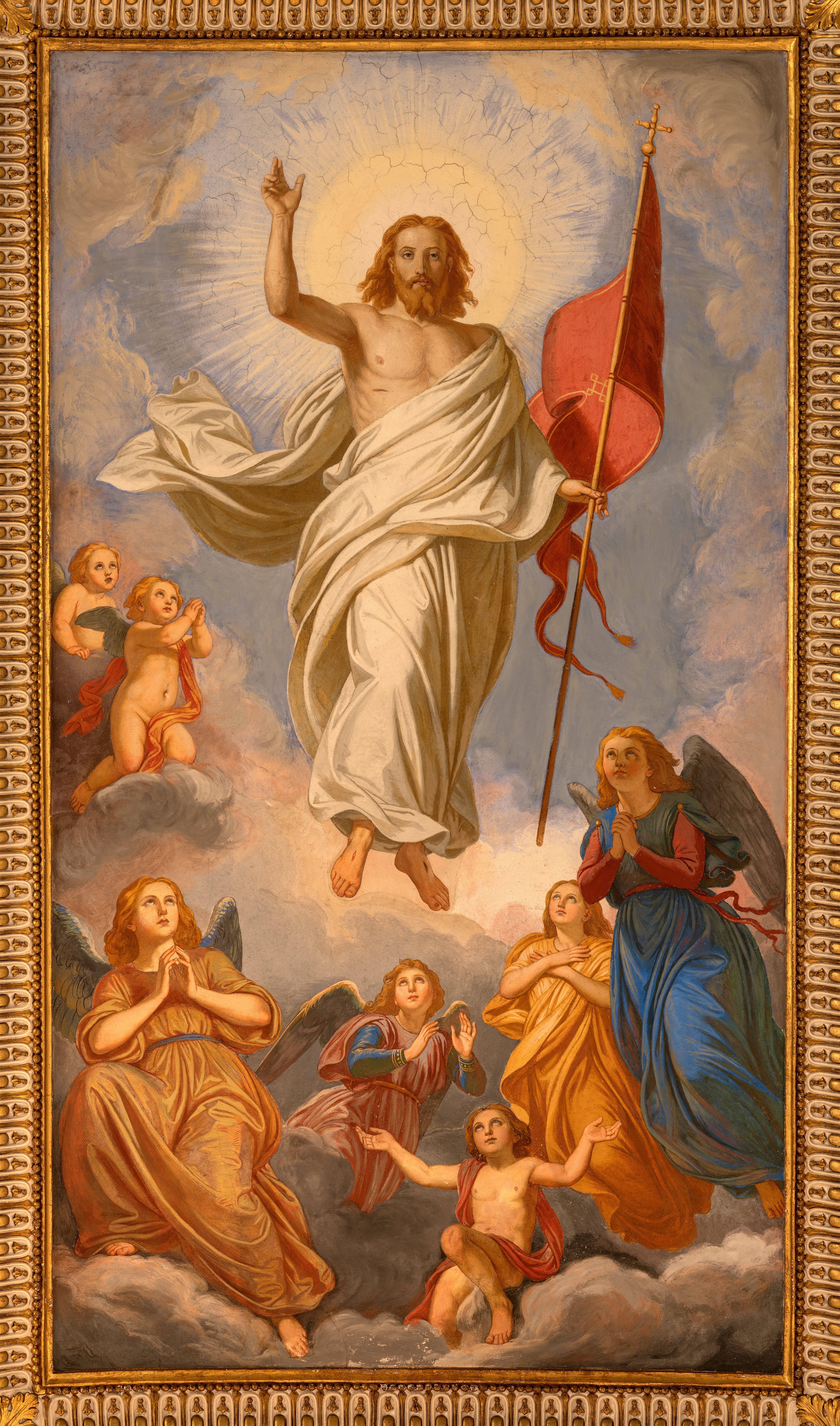 Religious coating depicting a fig ascending surrounded by cherubs and angels, holding a flag, framed with ornate details