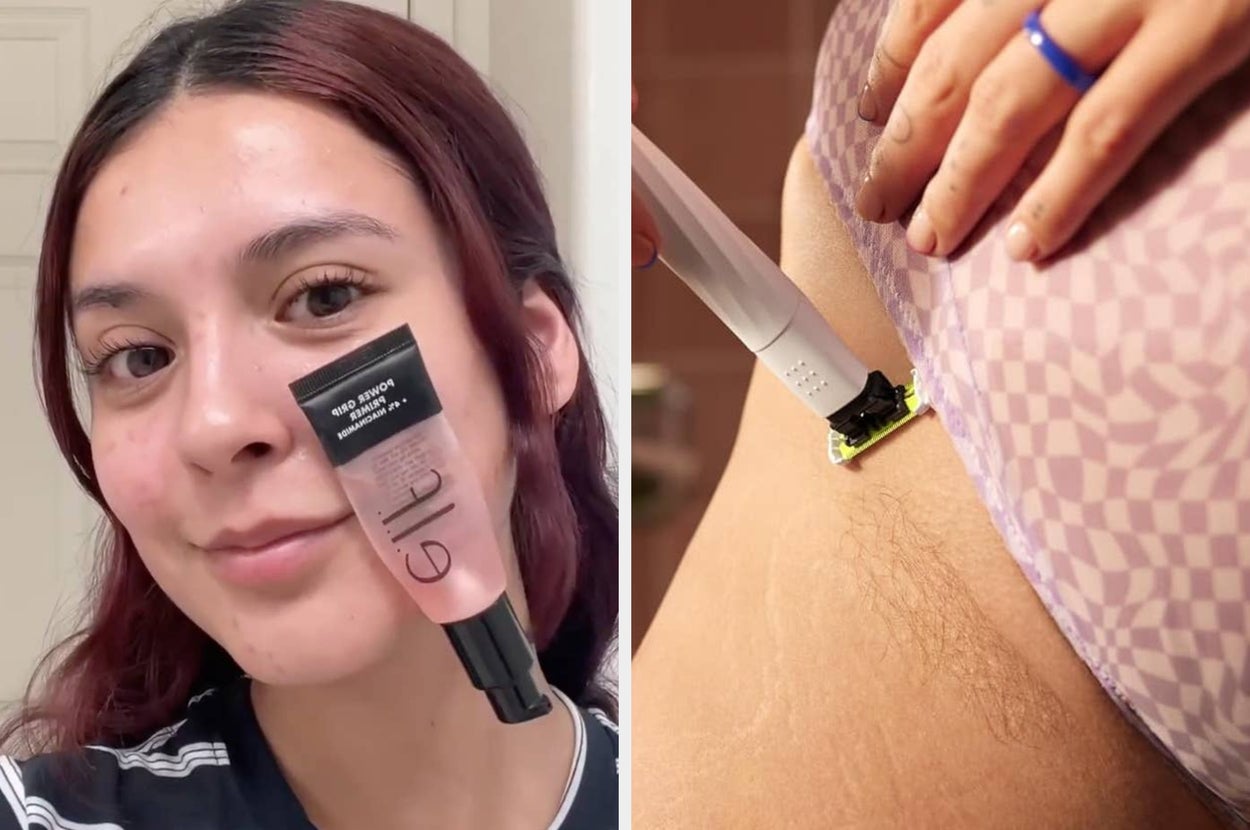 Cooling eye roller beside a young woman with highlighted skin, showcasing skincare benefits in a shopping context