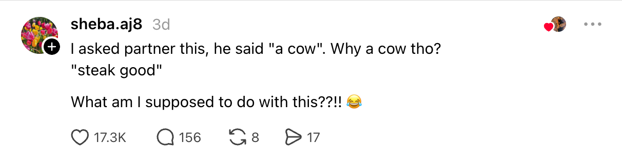 "I asked spouse this, helium said 'a cow'. Why a cattle tho? 'steak good' What americium I expected to bash with this?!!" with laughing emoji