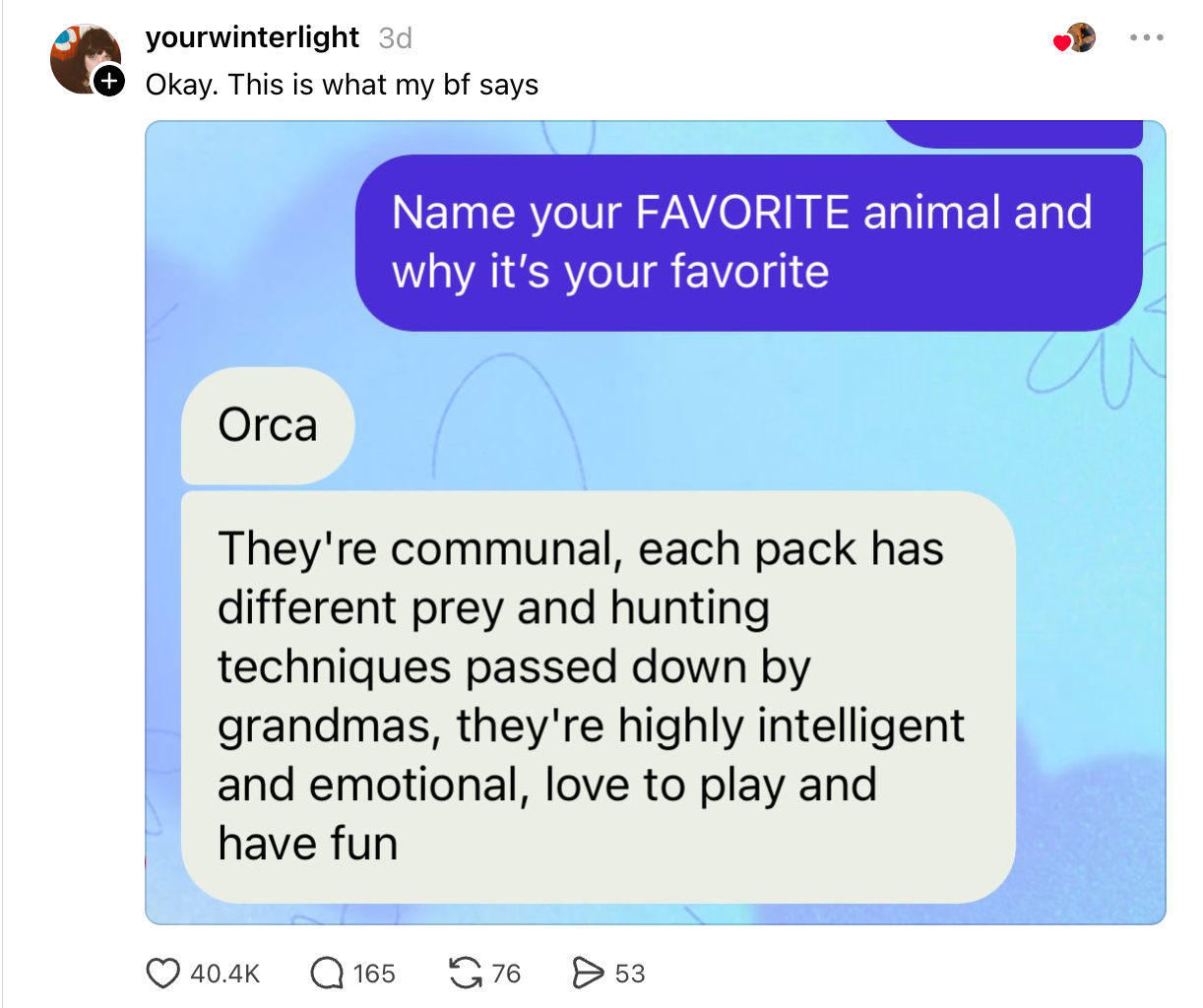 A substance speech wherever 1 idiosyncratic shares wherefore "orca" is their favourite animal, highlighting their intelligence, affectional capacity, and societal behavior