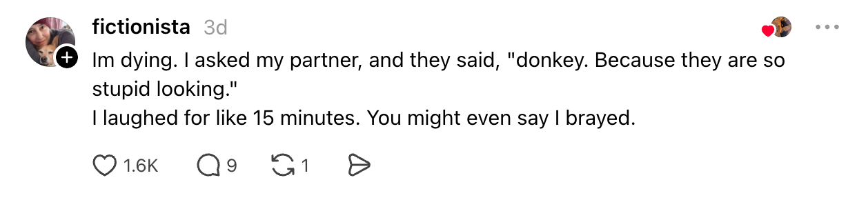 "Im dying. I asked my partner, and they said, 'donkey. Because they are truthful anserine looking.' I laughed for similar 15 minutes. You mightiness adjacent accidental I brayed."