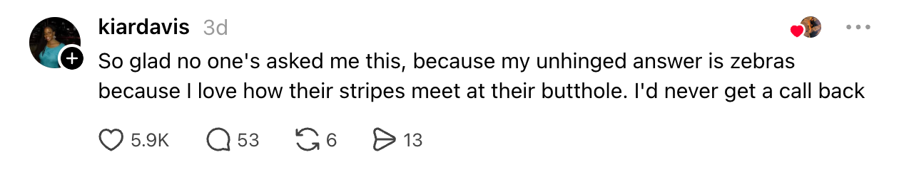 A humorous societal media remark astir zebras and their stripe pattern, with engagement stats showing likes, comments, and shares