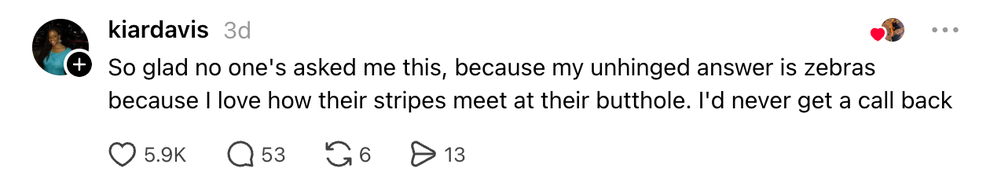 A humorous social media comment about zebras and their stripe pattern, with engagement stats showing likes, comments, and shares