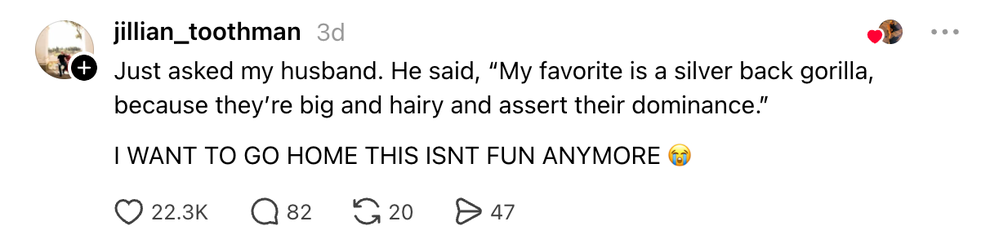 Social media post: Someone quotes their husband saying his favorite animal is a silverback gorilla because they're dominant. Commenter expresses frustration